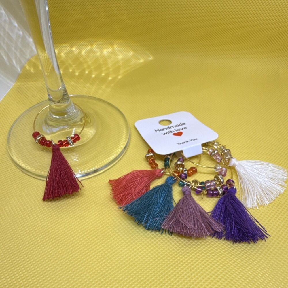 Handmade Multicolor Beaded Tassel Wine Charms Boho Style Set
